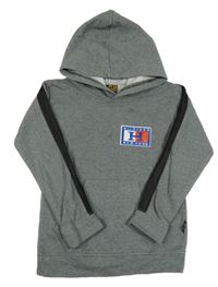 Tmavosivá melírovaná mikina s potlačou a vreckom a pruhom a kapucňou