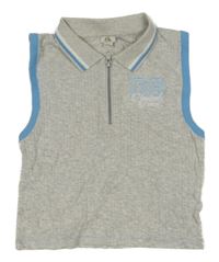 Svetlošedá -modrý melírovaný rebrovaný crop top s číslom a nápismi a golierikom RIVER ISLAND