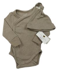 Nové - 2Set - Kávové melírované rebrované zavinovací body + čapica piccolo bambino