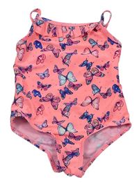 Neónově ružové jednodielne plavky s motýlikmi a volánem Primark
