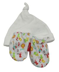 2set - Bílá bavlněná čepice + bílé rukavičky se zvířaty