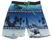 Tyrkysovo-modré plážové kraťasy s palmami a surferom H&M