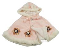 Ružovo-smotanové kožušinové pončo s kvety a kapucňou s uškami