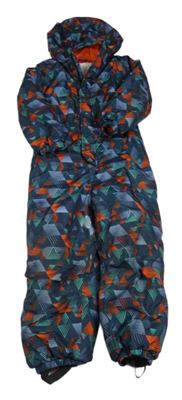 Tmavomodro-oranžovo-zelená vzorovaná šusťáková zimní kombinéza s kapucí Kiki&Koko