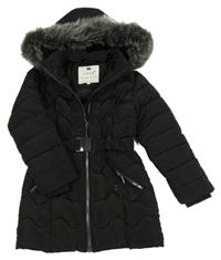 Černý prošívaný šusťákový zimní kabát s páskem a kapucí Primark