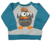 Sivo-petrolejová mikina s tučňákem