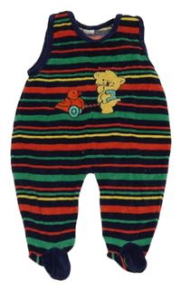 Tmavomodro-zeleno-červené pruhované sametové dupačky s medvědem