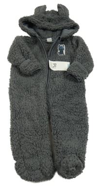 Nové - Tmavosivá huňatá kombinéza s králikom a kapucňou