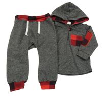 2set - Tmavošedá melírovaná mikina s kostkovanou kapsou a kapucí + tepláky