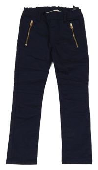 Tmavomodré plátenné elastické nohavice so zipy H&M