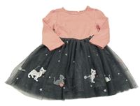 Starorůžovo-antracitové bavlněno/tylové šaty s bodkami a mačkami Topolino