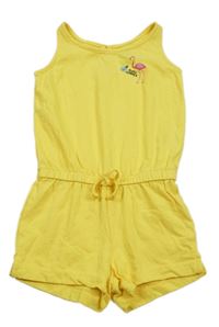 Hořčicový bavlněný kraťasový overal s plameňákem Impidimpi