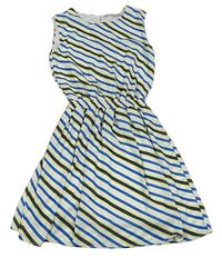 Bielo-modro-žlto-čierne pruhované šifónové šaty