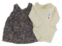 Nové - 2 set - smotanové rebrované body s madeirou + tmavomodré kvetované menšestrové šaty F&F