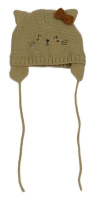 Béžová pletená podšitá čepice s kočkou 