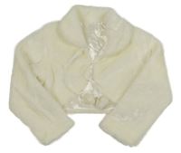 Smetanové kožešinové podšité bolerko s límečkem a bambulkami 