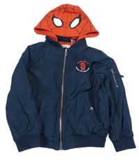 Tmavomodrá šusťáková jarní bunda se Spidermanem a teplákovou kapucí H&M
