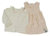 Nové - 2 set - bílé triko s límečkem + světlerůžové květované sametové šaty dunnes