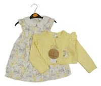Nové - 2 set - žlutý propínací lehký crop svetr s králíkem + bílo-žluté šaty s králíky 