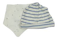 2set - Bílo-modrá pruhovaná bavlněná čepice + bílý slintáček s hvězdami
