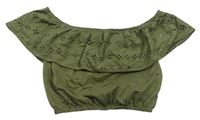 Khaki crop top s volánikom a madeirou Primark