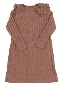 Ružové melírované rebrované úpletové šaty s mašlou