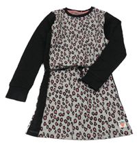 Čierno-sivo-neónově ružová úpletová šatová tunika s leopardím vzorom