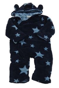 Tmavomodro-modrá plyšová zateplená kombinéza s hvězdami a kapucí 