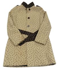 Béžovo-hnedý kvetovaný flaušový podšitý kabát s opaskom