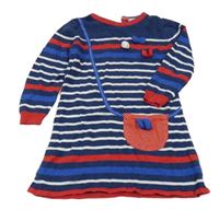 Tmavomodro-bielo-červené pruhované svetrové šaty s kabelkou M&S