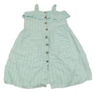 Světlemodro-bílé pruhované propínací šaty s volánkem 