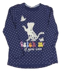 Tmavomodré kvetované tričko s mačičkou a nápismi Kids