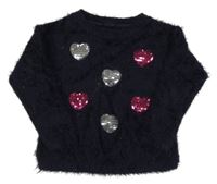 Tmavomodrý chlpatý sveter so srdíčky z flitrů Kiki&Koko