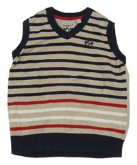 Béžovo-tmavomodro-červená pruhovaná svetrová vesta