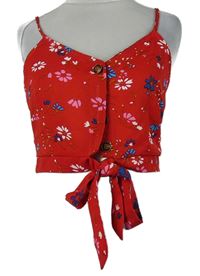 Dámský červený květovaný crop top s uzlem Parisian 
