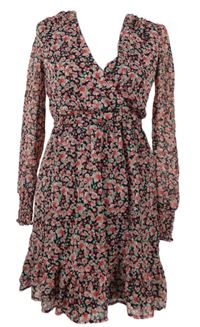 Dámske čierno-ružové kvetované šifónové šaty Amisu