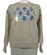 Dámský béžový károvaný svetr s pajetkami TU 