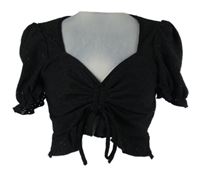 Dámska čierna madeirová crop blúzka so stahováním Shein