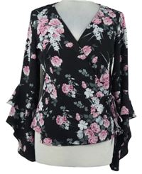 Dámska čierna kvetovaná peplum zavinovací blúzka Quiz