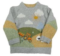Šedo-zeleno-hořčicový svetr s traktorem Dunnes