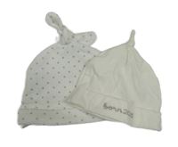 2x čepice bílá bavlněná s nápisem+ bílá sametová s hvězdami