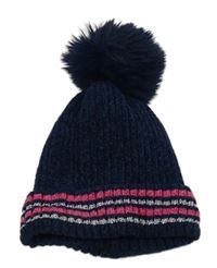 Tmavomodrá čepice s proužky a bambulí 