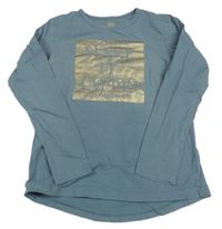 Šedomodré tričko s nápisom a zlatým potlačou