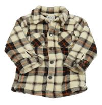 Smetanovo-tmavohnědo/oranžová kockovaná plyšová košeľová bunda Next