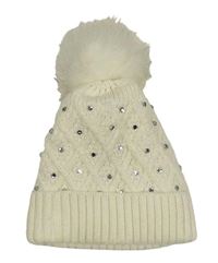 Smetanová pletená čepice s kamínky a bambulí