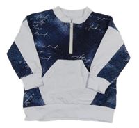 Tmavomodro-biela vzorovaná mikina s nápismi