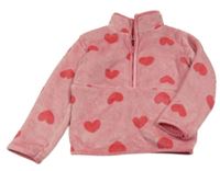Růžová chlupatá zateplená mikina se srdíčky