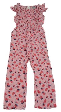 Růžový kalhotový overal s ovocem a volánky 