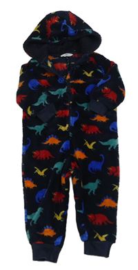 Tmavomodrá chlupatá kombinéza s dinosaury a kapucí M&S