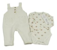 Nové - 2set - Smetanové pletené laclové kalhoty + body s medvídky F&F